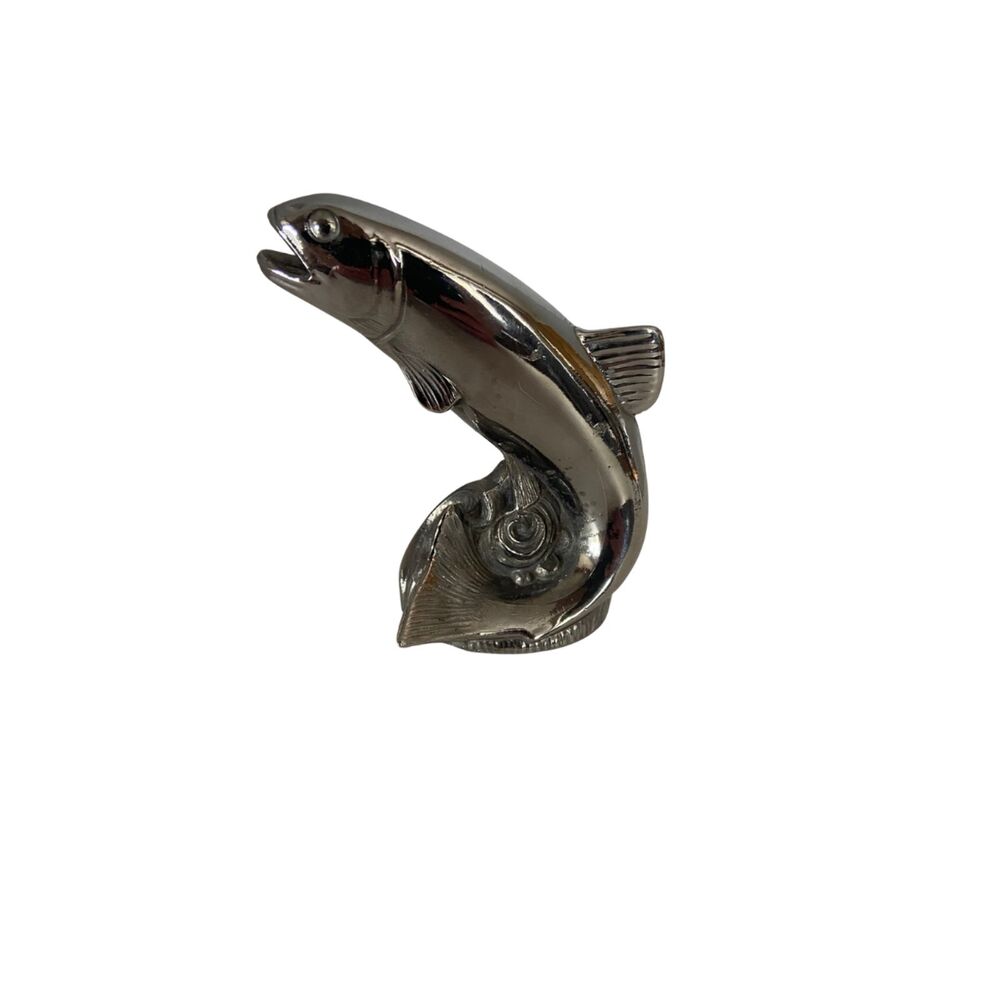 Vintage Chrome Jumping Trout Fish Hood Ornament Cabin Core Lodge Decor